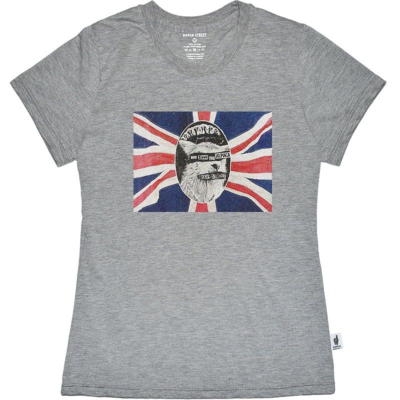 British Fashion Brand 【Baker Street】God save the alpaca Printed T-shirt - เสื้อยืดผู้หญิง - ผ้าฝ้าย/ผ้าลินิน สีเทา