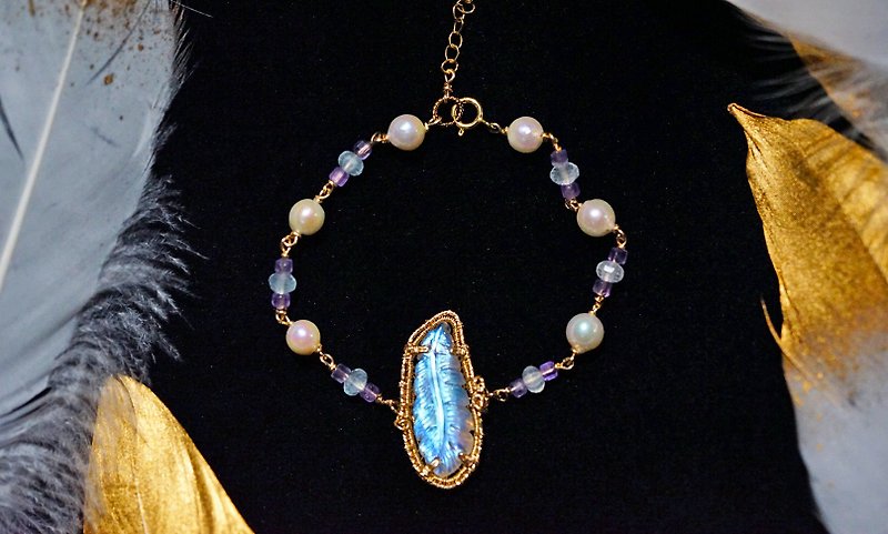Pure hand-made 14K gold wrapped thread moonstone pearl jewel bracelet - Bracelets - Gemstone Multicolor