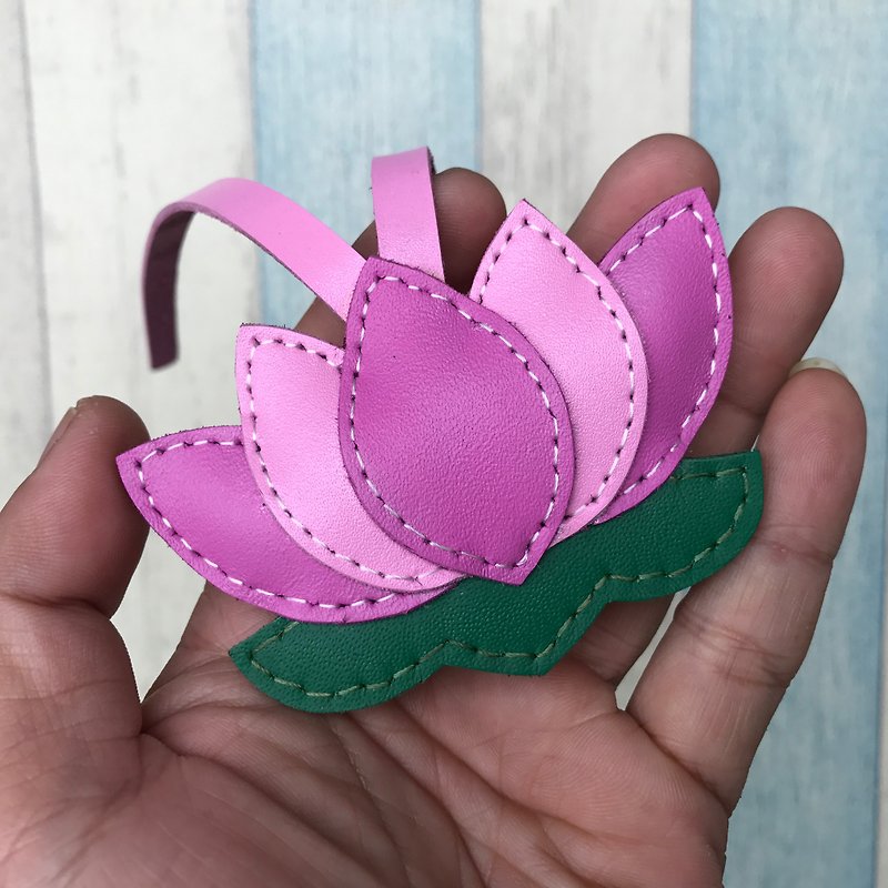 Healing small things pink cute lotus hand-stitched leather charm small size - พวงกุญแจ - หนังแท้ สึชมพู