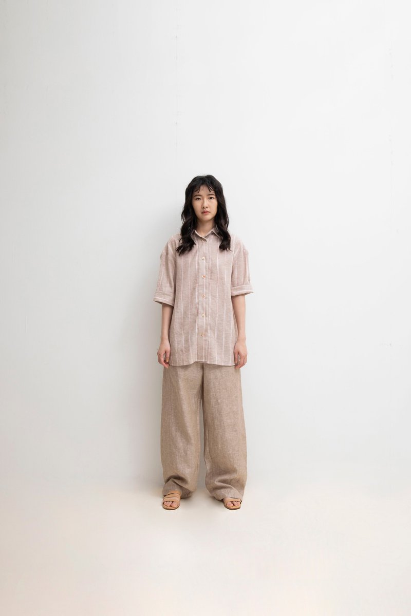 捲袖襯衫 - 女襯衫 - 棉．麻 卡其色