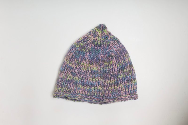 童/成人粉紫色雜線精靈帽羊毛帽/純羊毛線手工編織半襯防風保暖黃 - 帽子 - 羊毛 紫色