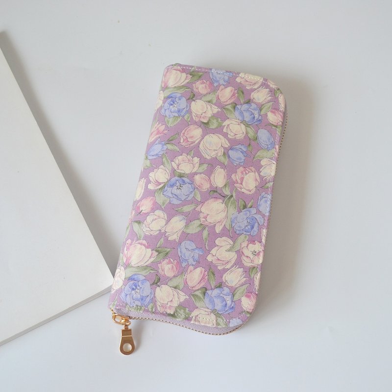 Fabric long wallet\ Handmade wallet\ Purple tulip\ Other colors can be changed - กระเป๋าสตางค์ - ผ้าฝ้าย/ผ้าลินิน 