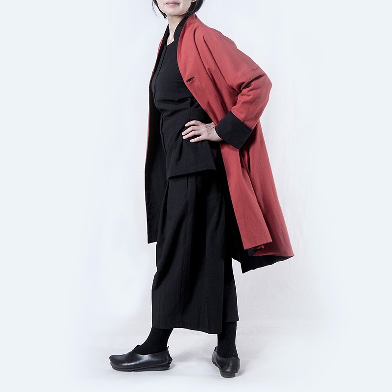 DOUBLE-SIDED COAT- Embossing ramie cotton fabric, Color: Dark red - Women's Casual & Functional Jackets - Cotton & Hemp 