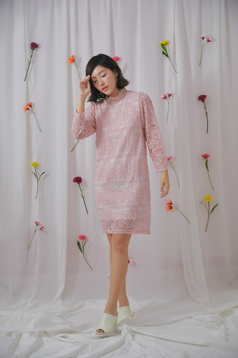 Lady lace dress (pink) - ชุดเดรส - ผ้าฝ้าย/ผ้าลินิน สึชมพู