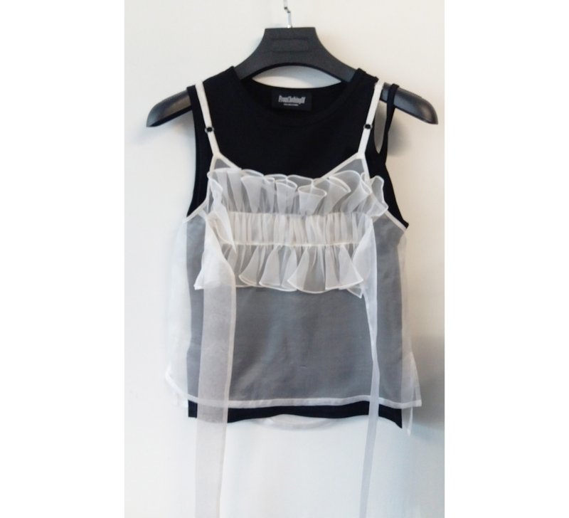 Designer brand FromClothingOf - vest with suspenders ruffles top - Women's Vests - Silk White