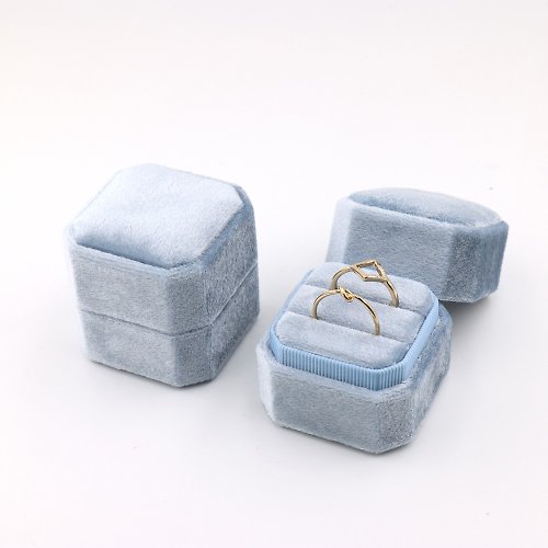 AndyBella Jewelry 精緻八角形對戒盒 香檳藍 對戒盒 婚戒盒 戒指盒