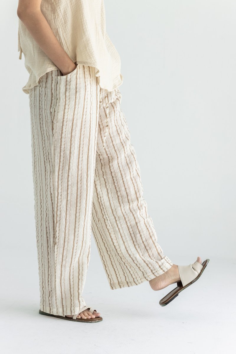 Pure cotton wide pants_off-white straight strips - กางเกงขายาว - ผ้าฝ้าย/ผ้าลินิน ขาว