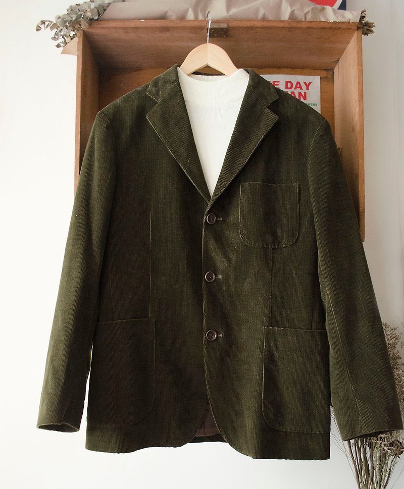 柴郡之森.橄欖綠素面厚燈芯絨簡約西裝外套 Italy #Vintage #古著 #莞洱 - 女西裝外套 - 其他材質 