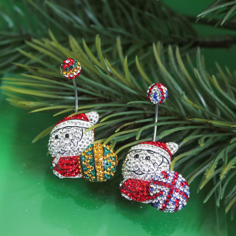 【小耶誕】Q版聖誕老人彎針耳環 / 施華洛世奇滿鑽耳環 - 耳環/耳夾/耳骨夾 - 其他材質 白色