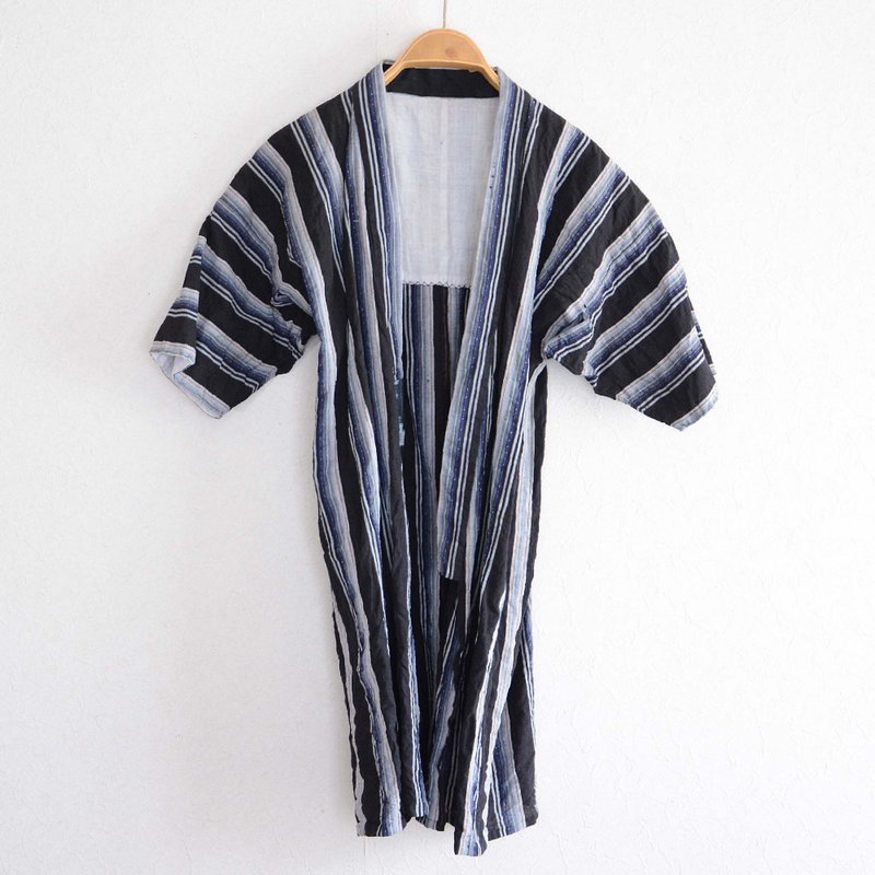 和服外套農夫工作服舊衣服黑靛藍染笠領棉質和服條紋圖案日 - 女大衣/外套 - 棉．麻 黑色
