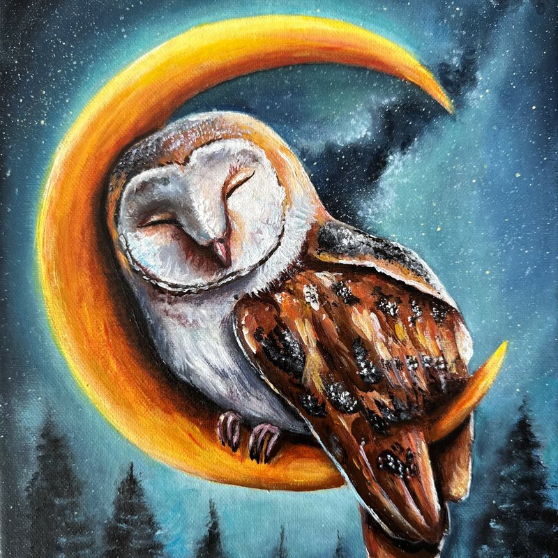 Barn Owl and Moon original painting Owl wall decor Woodland animals Forest art - Wall Décor - Cotton & Hemp Blue