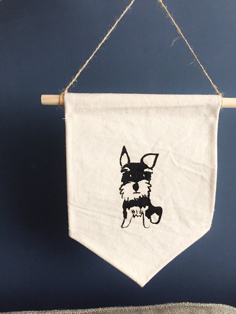 Schnauzer dog hanging flag handmade stenciled canvas flag - อื่นๆ - ผ้าฝ้าย/ผ้าลินิน ขาว