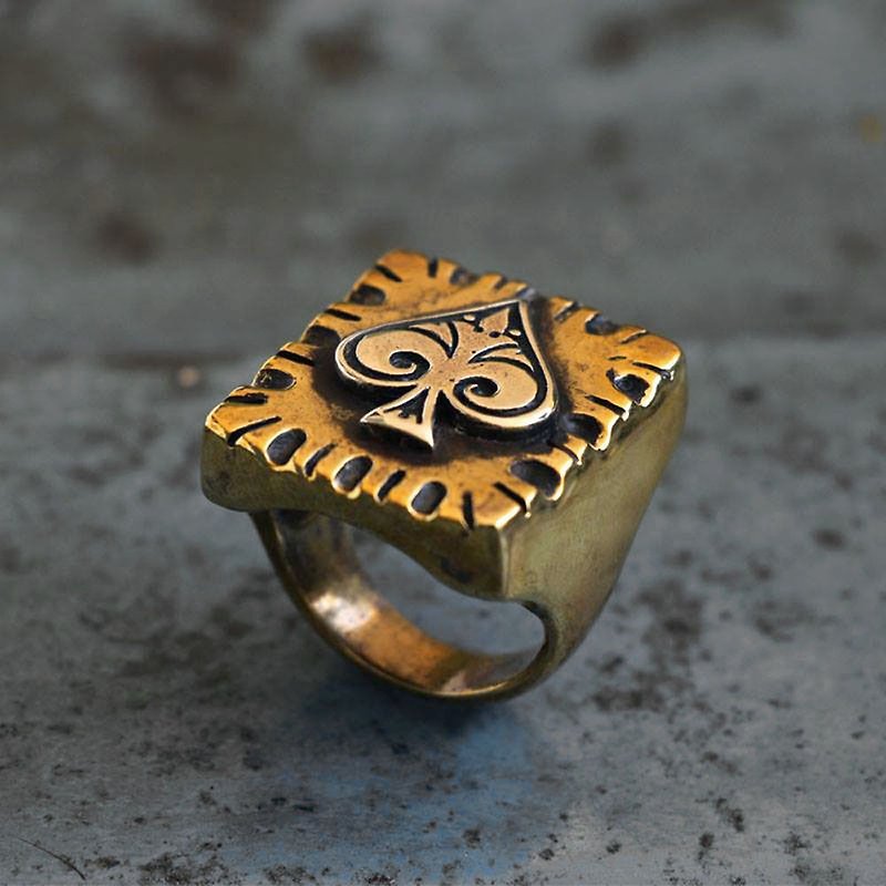 Mexican Biker Ring Skull silver Vintage brass Ace of Spades cafe racer custom uk - General Rings - Other Metals Gold