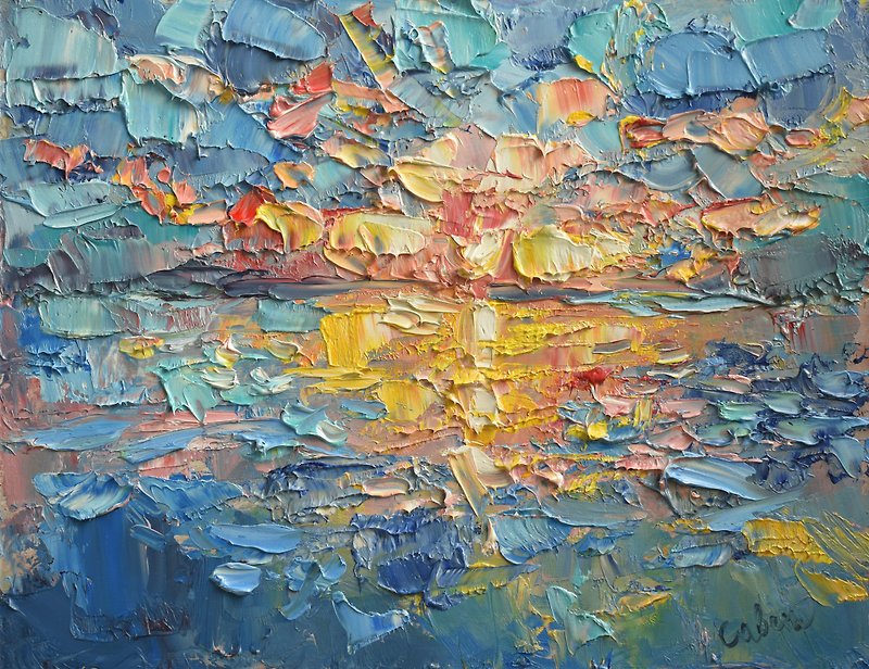 Sunset Painting Seascape Original Impressionism Impasto Artwork Marine Coastal - โปสเตอร์ - ไม้ หลากหลายสี