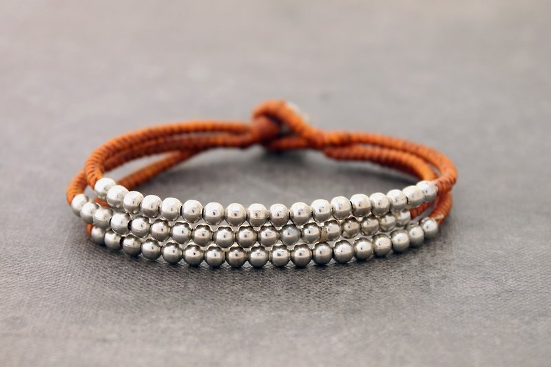 Rust Brown 3 Strand Silver Bracelets Beaded Woven - สร้อยข้อมือ - ผ้าฝ้าย/ผ้าลินิน สีส้ม