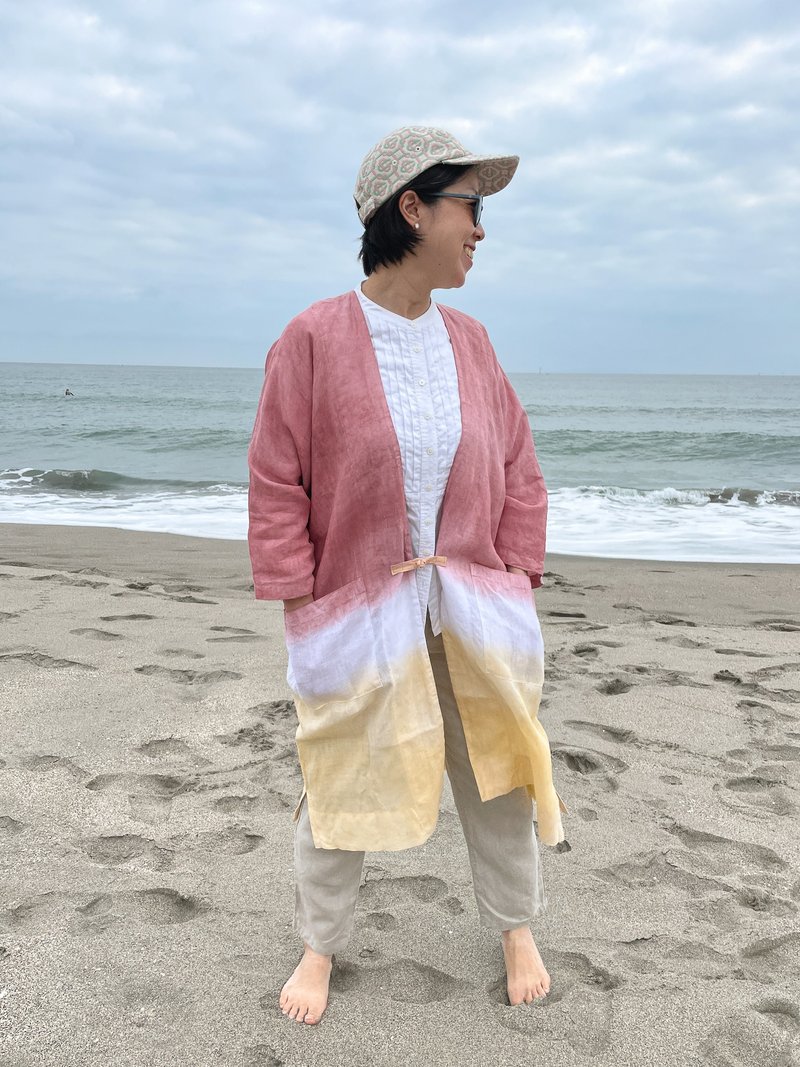 日本製 手染め Tropical Haori jacket 泥染のフレンチリネン羽織り アースカラー Relax resort style - 女上衣/長袖上衣 - 棉．麻 黃色