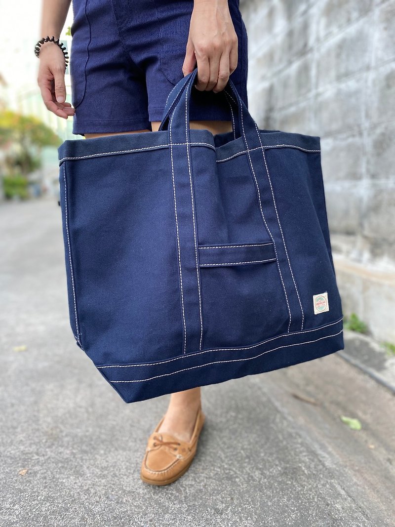 New Navy Canvas Tool Tote Bag with Short Handles / Shopping Bag / Market Bag - กระเป๋าถือ - ผ้าฝ้าย/ผ้าลินิน สีน้ำเงิน
