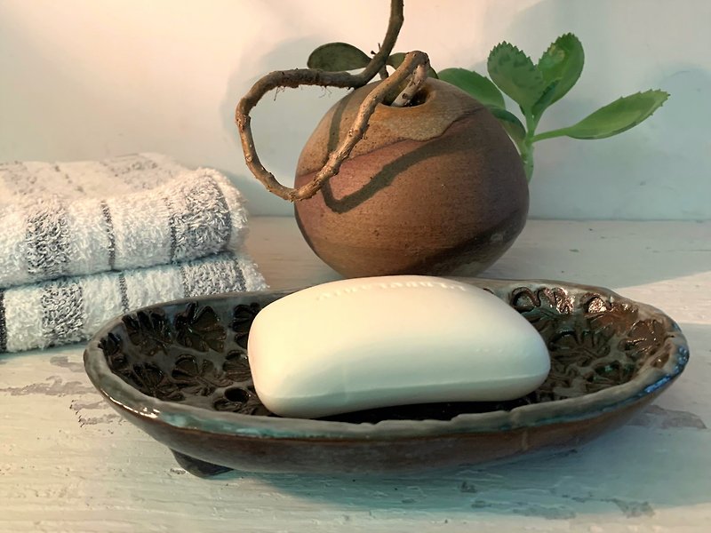 Full version of leaf pattern printed oval soap dish (remanufactured after sold out)_pottery decorated soap dish - Bathroom Supplies - Pottery Brown