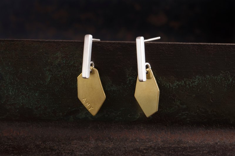 礦石 純銀拼接黃銅 耳環 Ore Earrings - 耳環/耳夾/耳骨夾 - 銅/黃銅 金色