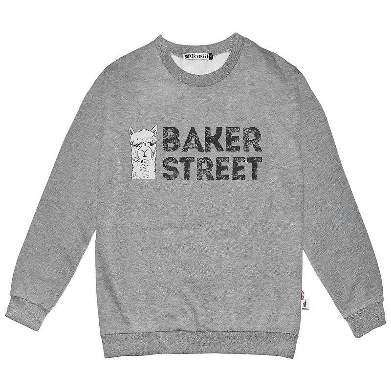 【英國Baker Street】中性款 - 高磅數長袖圓T - 羊駝文字A款 - 帽T/大學T - 棉．麻 灰色