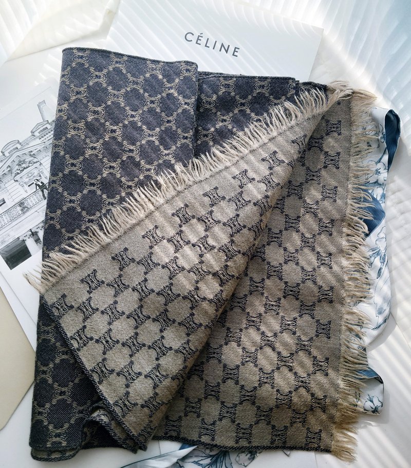 中古孤品 CELINE 老花凱旋門 羊毛 毛毯蓋毯頸巾圍巾領巾圍脖披肩 - 圍巾/披肩 - 羊毛 藍色