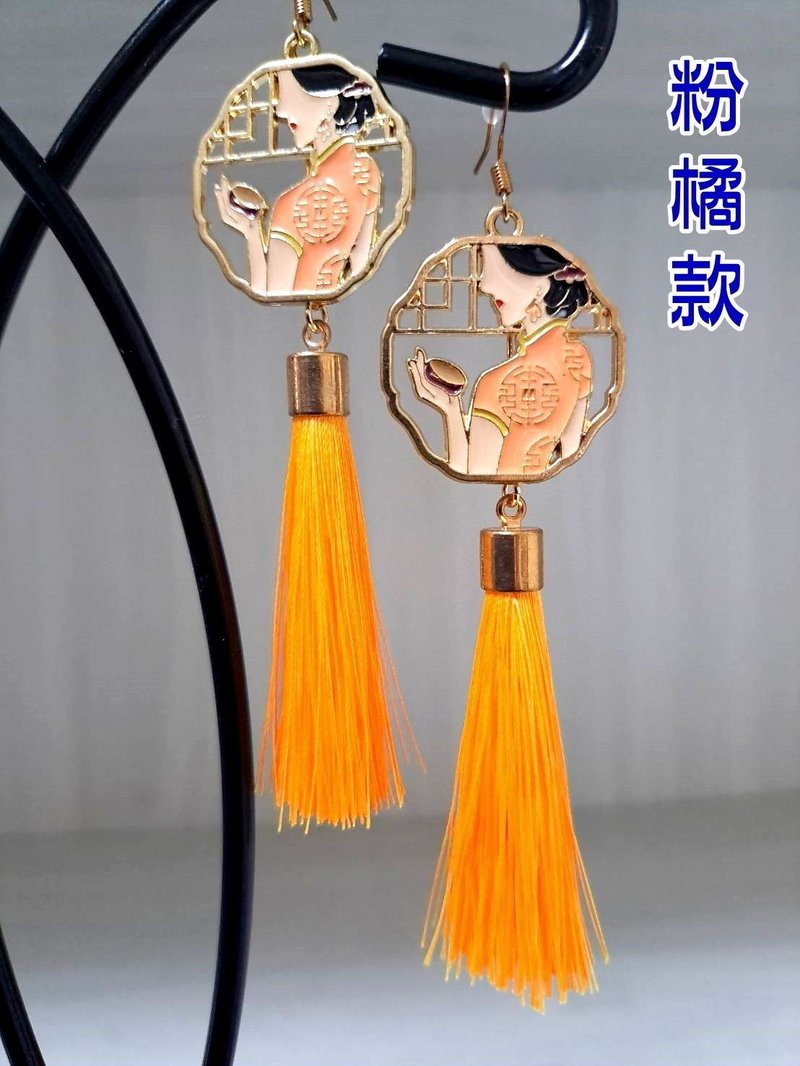 Tassel Earrings [Cheongsam Beauty Series] ~Purple Black, Pink Orange (hook type~ can be changed to pin type or clip type) - Earrings & Clip-ons - Other Metals Orange