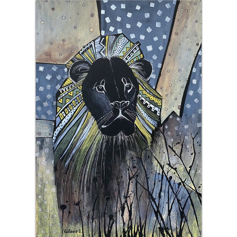 Lion painting Original art Ethnic wall art African artwork Black paper - 海報/掛畫/掛布 - 紙 黑色