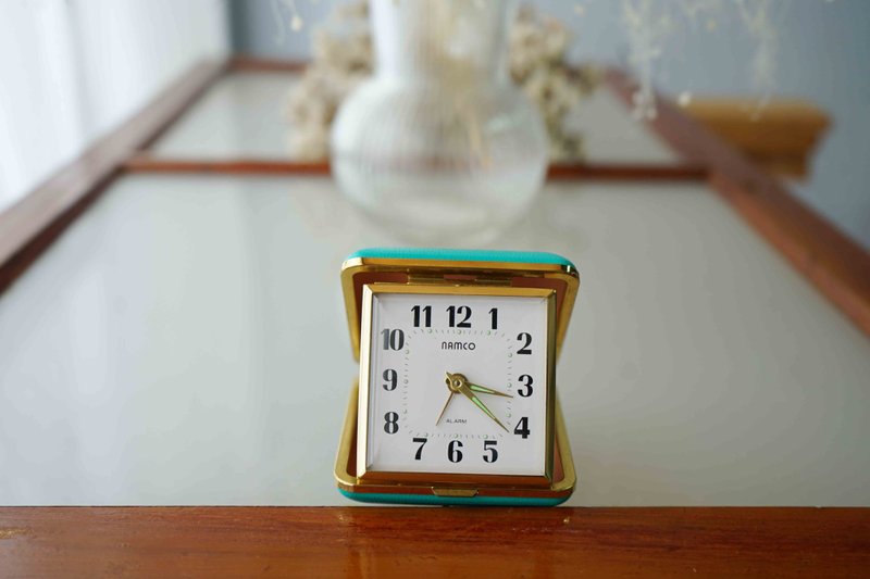 日本雜貨-Vintage namco古董機械式發條鐘旅行摺疊隨身-湖水藍 - 時鐘/鬧鐘 - 其他材質 綠色