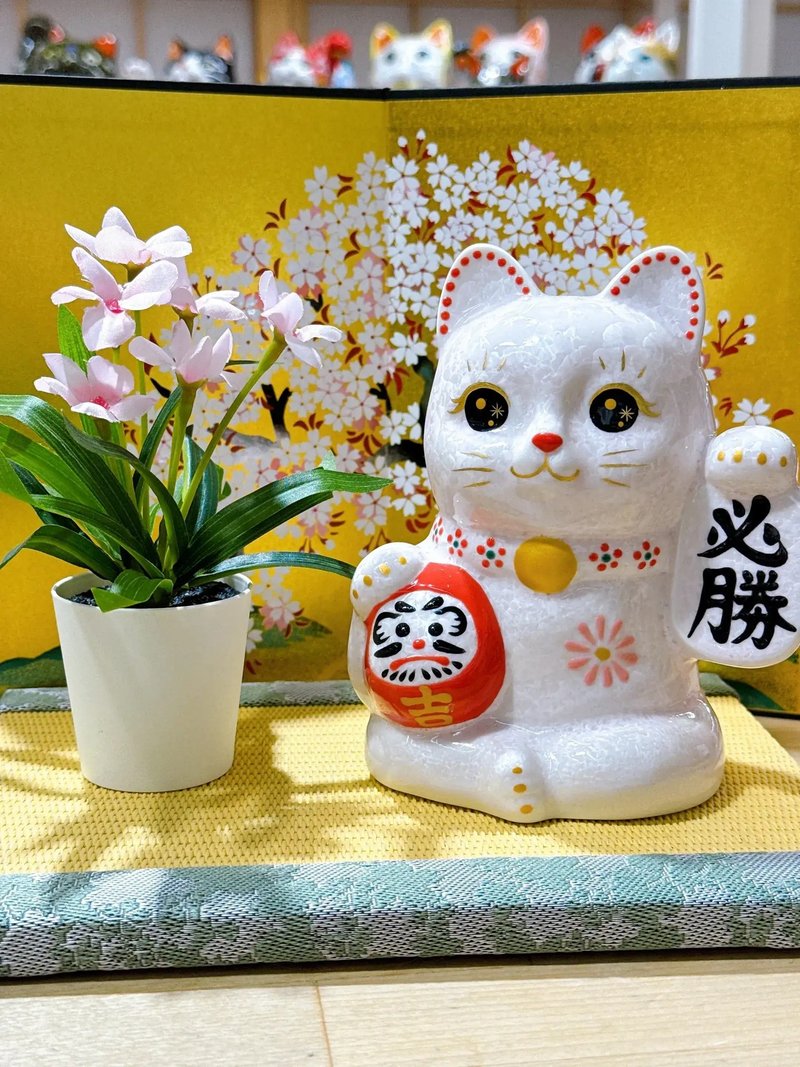 【必勝桃福】日本清水燒 - 花結晶 | 必勝達摩招財貓 - 桃色開運 - 擺飾/家飾品 - 瓷 白色