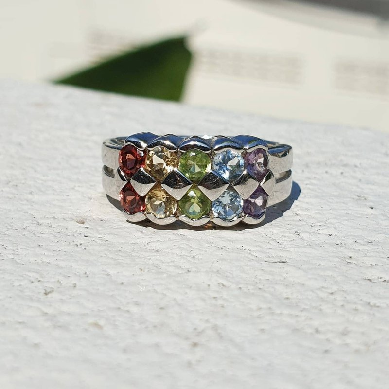 5 color rainbow gemstone ring /Garnet/Citrine/Peridot/Blue topaz/Amethyst Silver - 戒指 - 寶石 多色