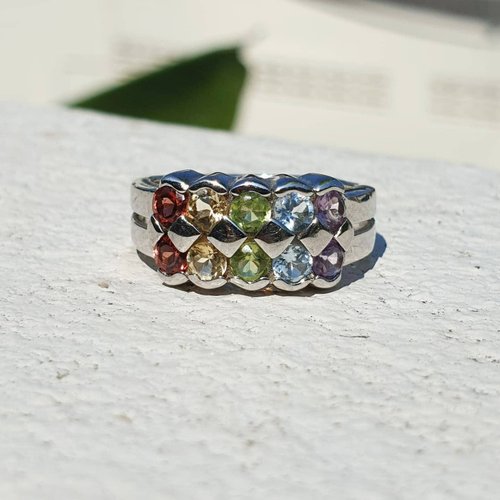 mariam-bijoux 5 color rainbow gemstone ring /Garnet/Citrine/Peridot/Blue topaz/Amethyst Silver
