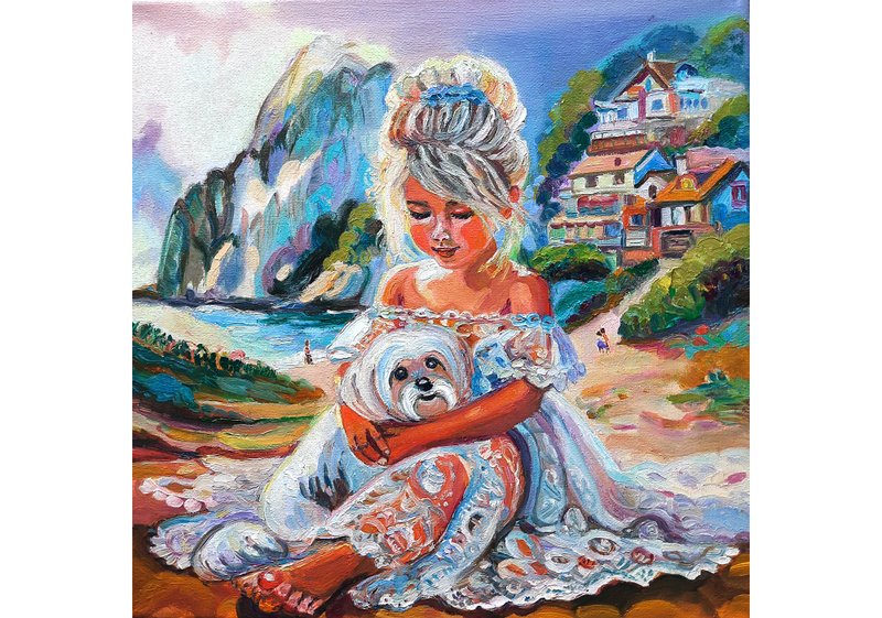 原創畫Little Girl  with Dog Painting  Original Art  Oil Painting  Oil On Canvas - Wall Décor - Other Materials Blue