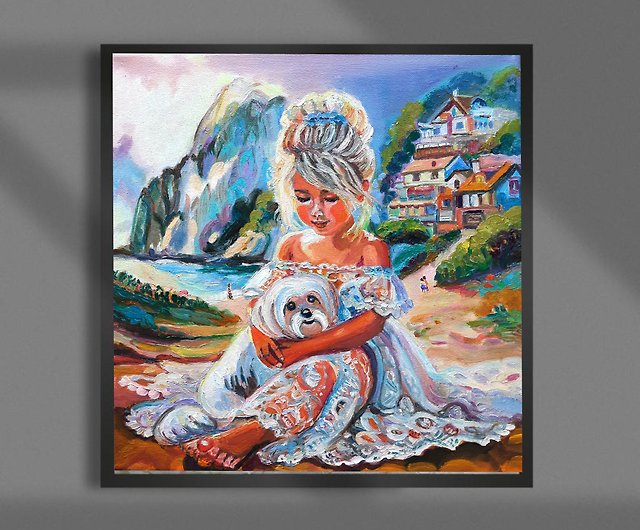 原創畫犬と少女の絵画オリジナルアート油絵キャンバスに油彩 - ショップ OlgaShelArt ウォールデコ・壁紙 - Pinkoi