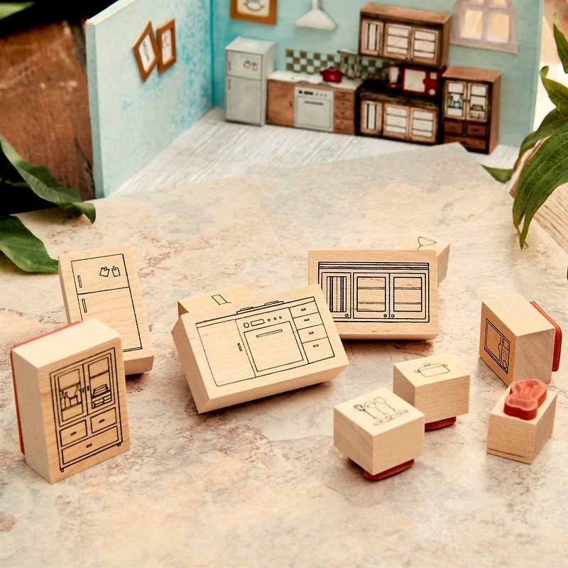 Kitchen. 11 pieces of home stamp set (with stamp pad included) - ตราปั๊ม/สแตมป์/หมึก - ไม้ สีกากี