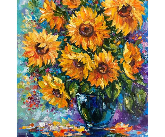 Sunflower In Blue Vase Painting Flowers Oil Original Artwork On Canvas -  Shop Soulart Posters - Pinkoi