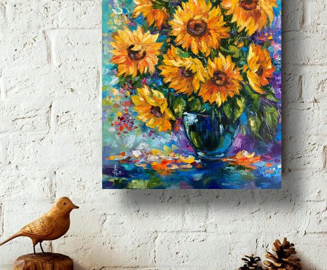 青い花瓶の絵のひまわり花はキャンバスにオリジナルのアート