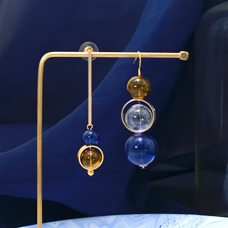 Blue brown glass ball asymmetric earrings - Earrings & Clip-ons - Glass Blue