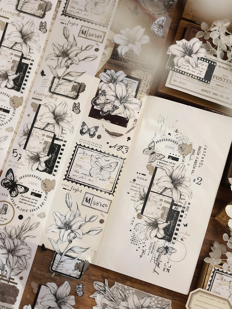 Lily Letterhead Light Retro Black and White Lily Flower Handbook PET Washi Tape - Washi Tape - Paper Khaki