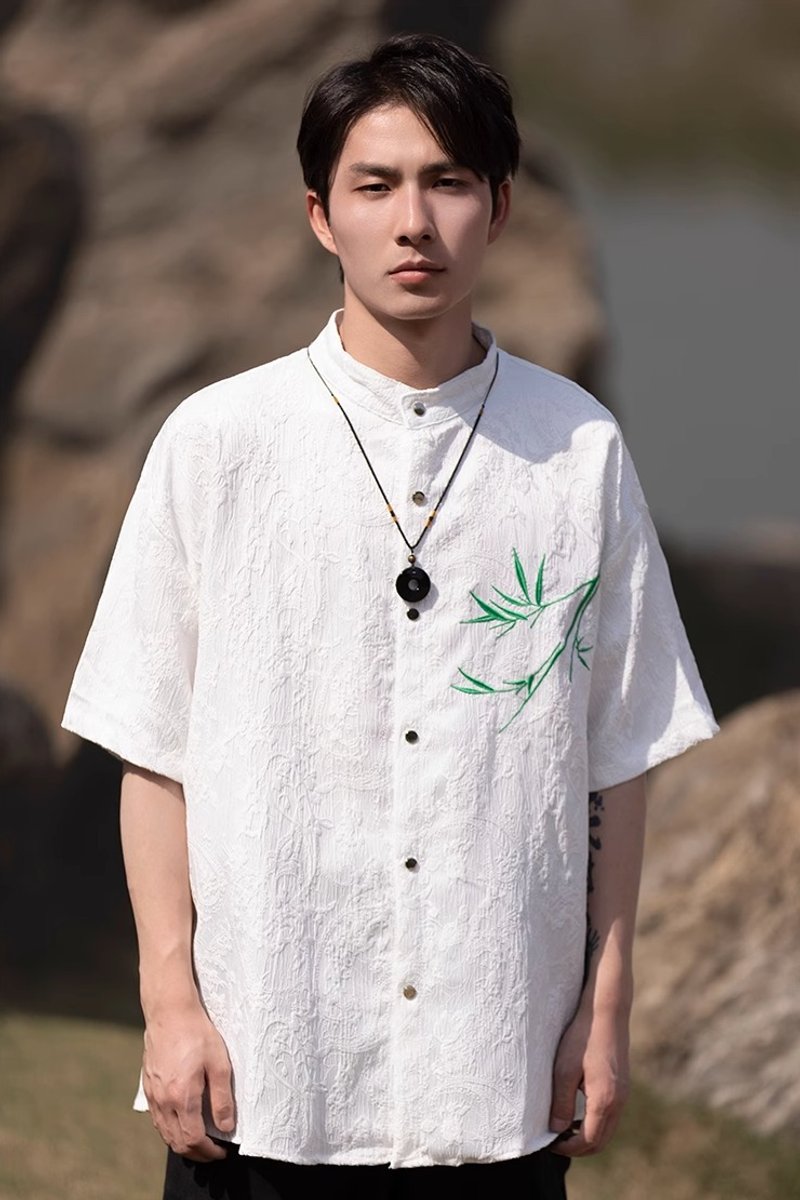 新中式復古 盤扣立領短袖襯衫 - 男襯衫/休閒襯衫 - 其他材質 白色