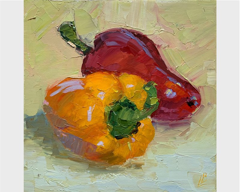 Peppers oil painting Red yellow vegetables Impressionism Decorative panels - ตกแต่งผนัง - วัสดุอื่นๆ สีแดง