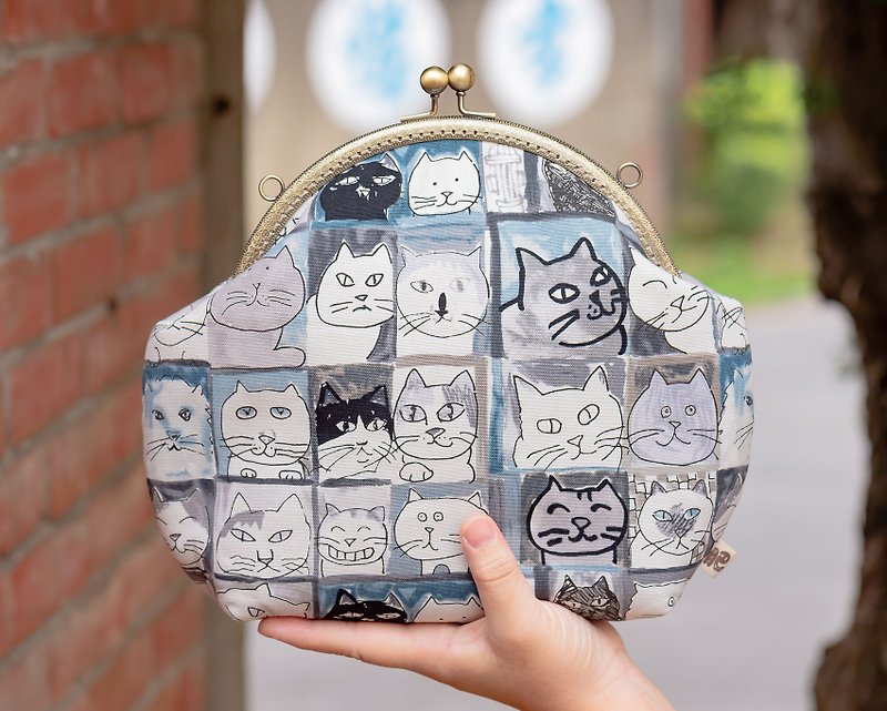 【貓咪肖像畫】復古金屬口金包-大款#隨身包#禮物#可愛 - 側背包/斜背包 - 棉．麻 灰色