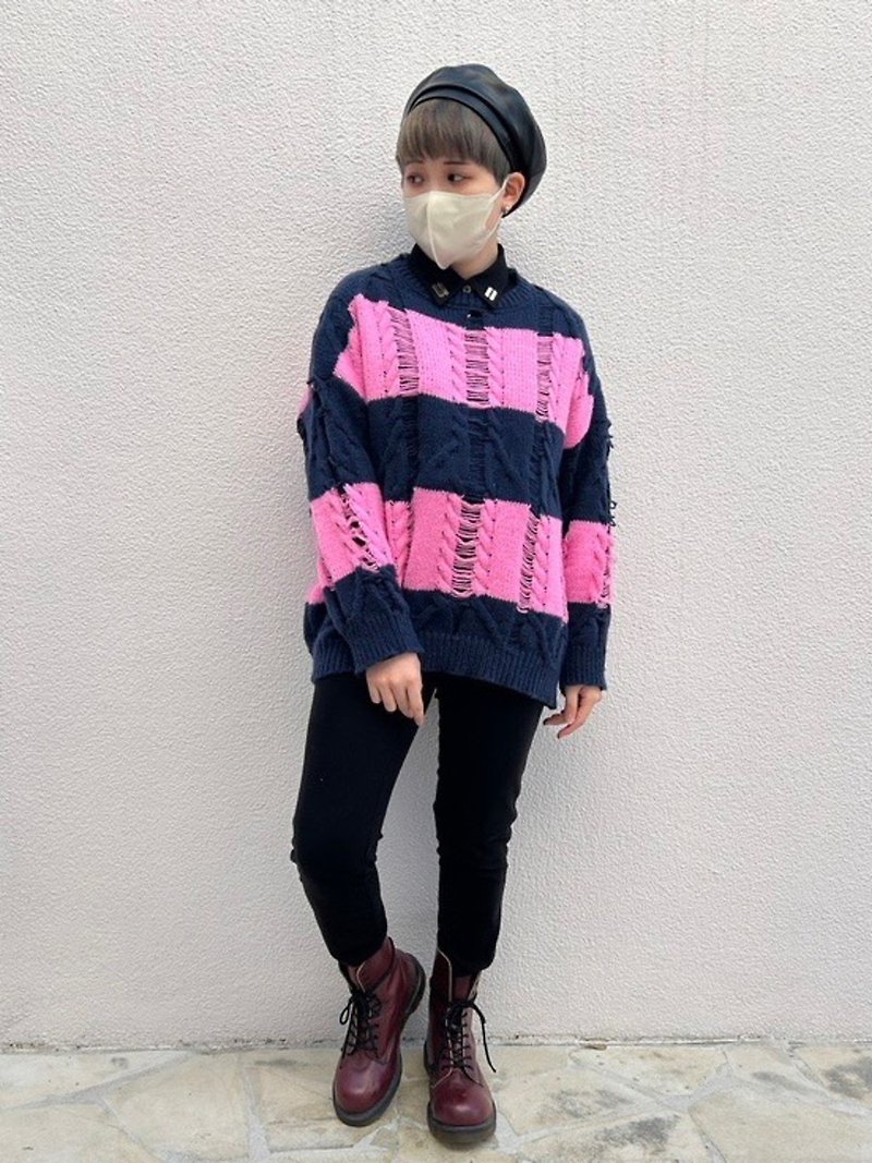 Damaged border knit/navy/pink/F size/hellcatpunks/hcp-kn-0031 - Women's Sweaters - Acrylic Pink