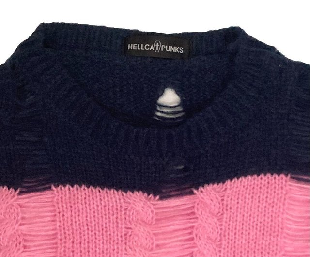 ニット セーター ダメージ ボーダー ネイビー ピンク Fサイズ レディース HELLCATPUNKS ヘルキャットパンクス ダメージボーダーニット ダメージボーダーニット/ネイビー/ピンク/Fサイズ/hellcatpunks