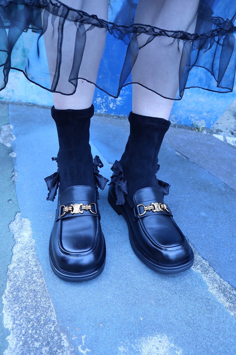 double ribbon shoes 9010 meikeiin remake handmade - รองเท้าบูทสั้นผู้หญิง - หนังเทียม สีดำ