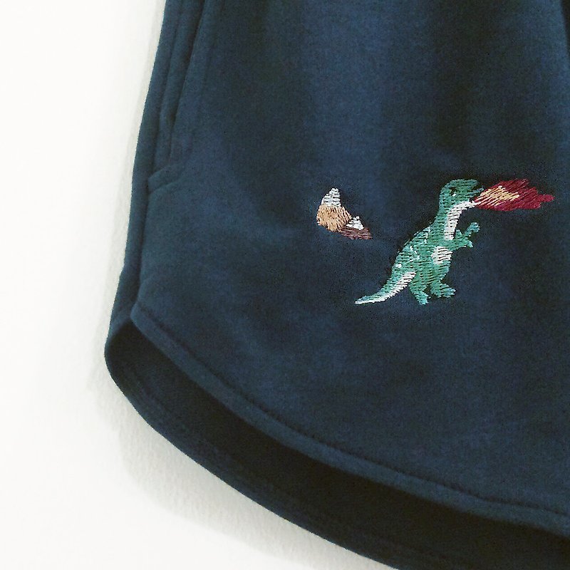 T-rex Dinosaur Embroidery Shorts Pant / Blue - 女短褲/五分褲 - 棉．麻 藍色