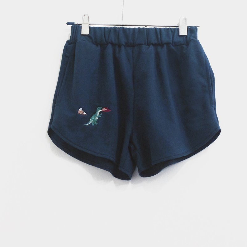 T-rex Dinosaur Embroidery Shorts Pant / Blue - 女短褲/五分褲 - 棉．麻 藍色
