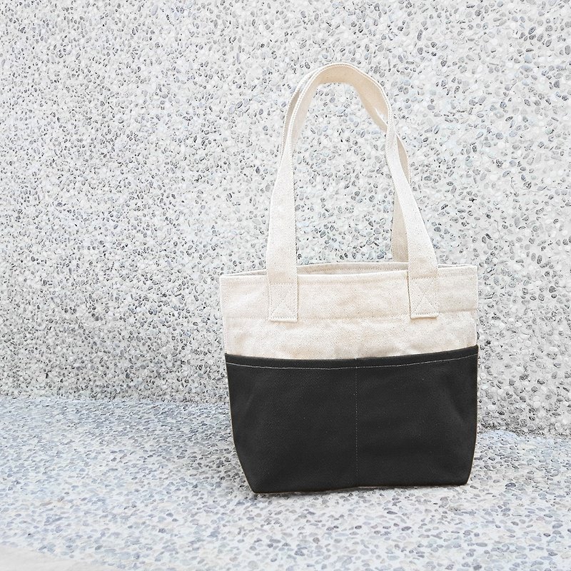 Thick canvas color double-pocket tote (shoulder bag / tote bag) - dark grey - กระเป๋าถือ - ผ้าฝ้าย/ผ้าลินิน สีเทา