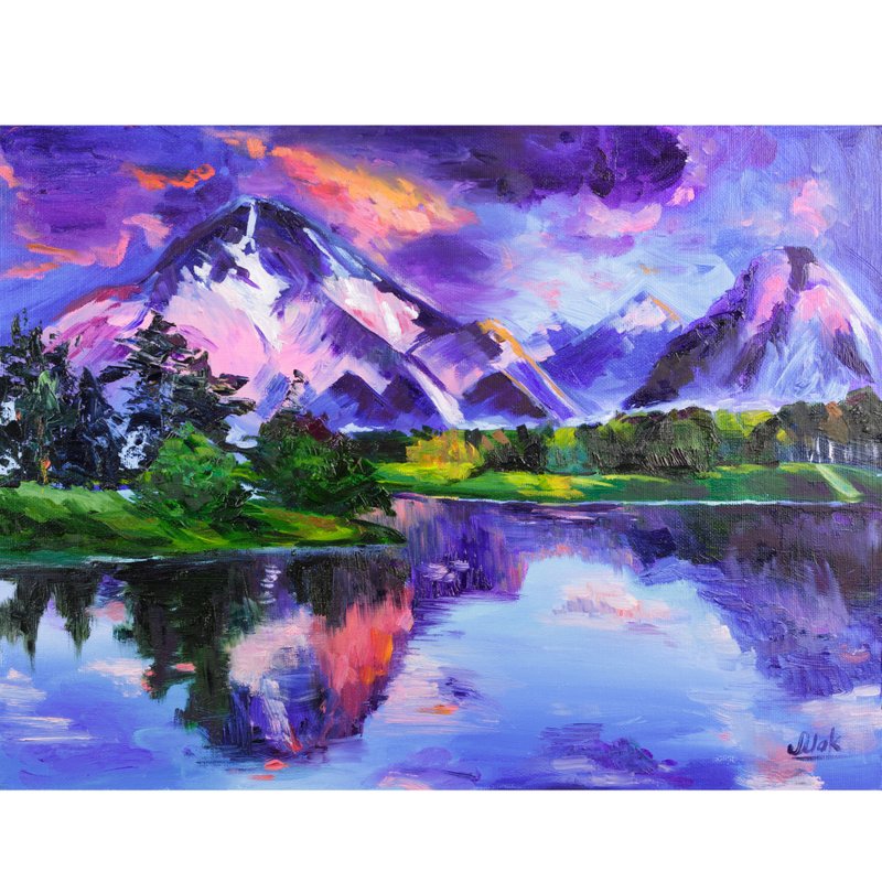 Mountain Lake Original Art Grand Teton Painting Wyoming Wall Art National Park - 海報/掛畫/掛布 - 其他材質 紫色