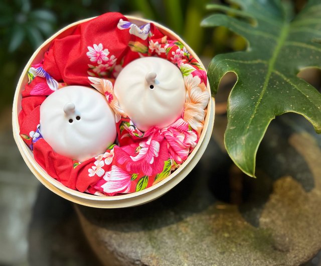 大家ブルー] 小籠包調味料瓶 2 セット** 蒸し器 + 花柄布包装
