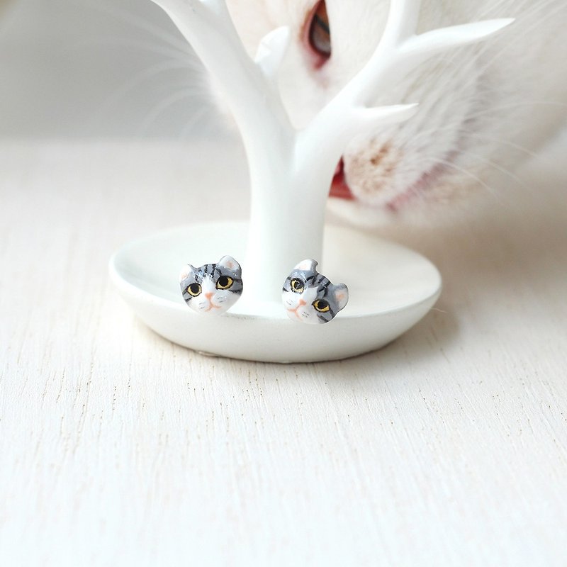 American curl cat earrings, Cat stud earrings, tabby cat, cat lover gifts - ต่างหู - ดินเหนียว สึชมพู